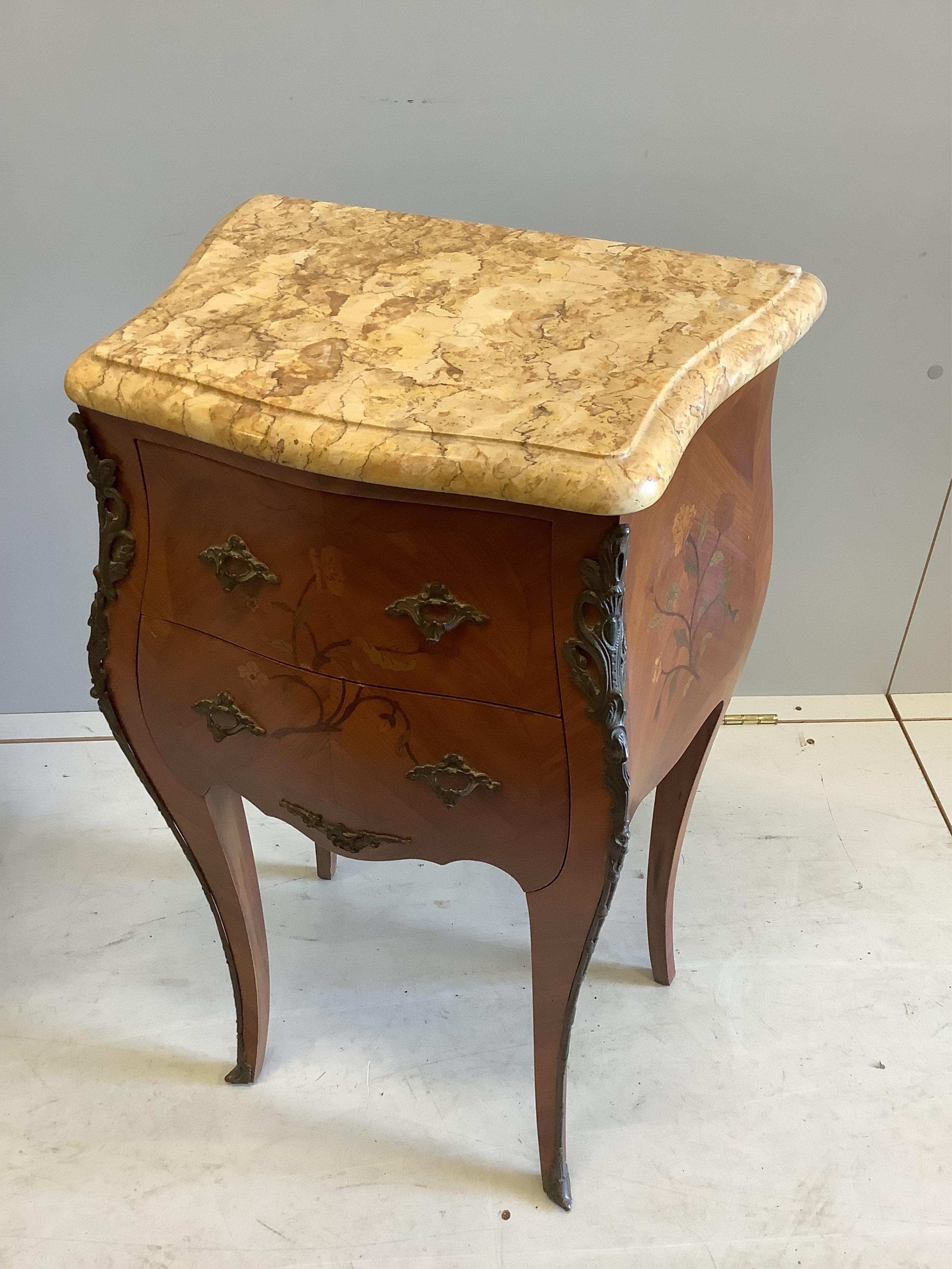 A pair of Louis XVI style inlaid kingwood marble top bombe bedside chests, width 42cm, depth 30cm, height 73cm. Condition - good